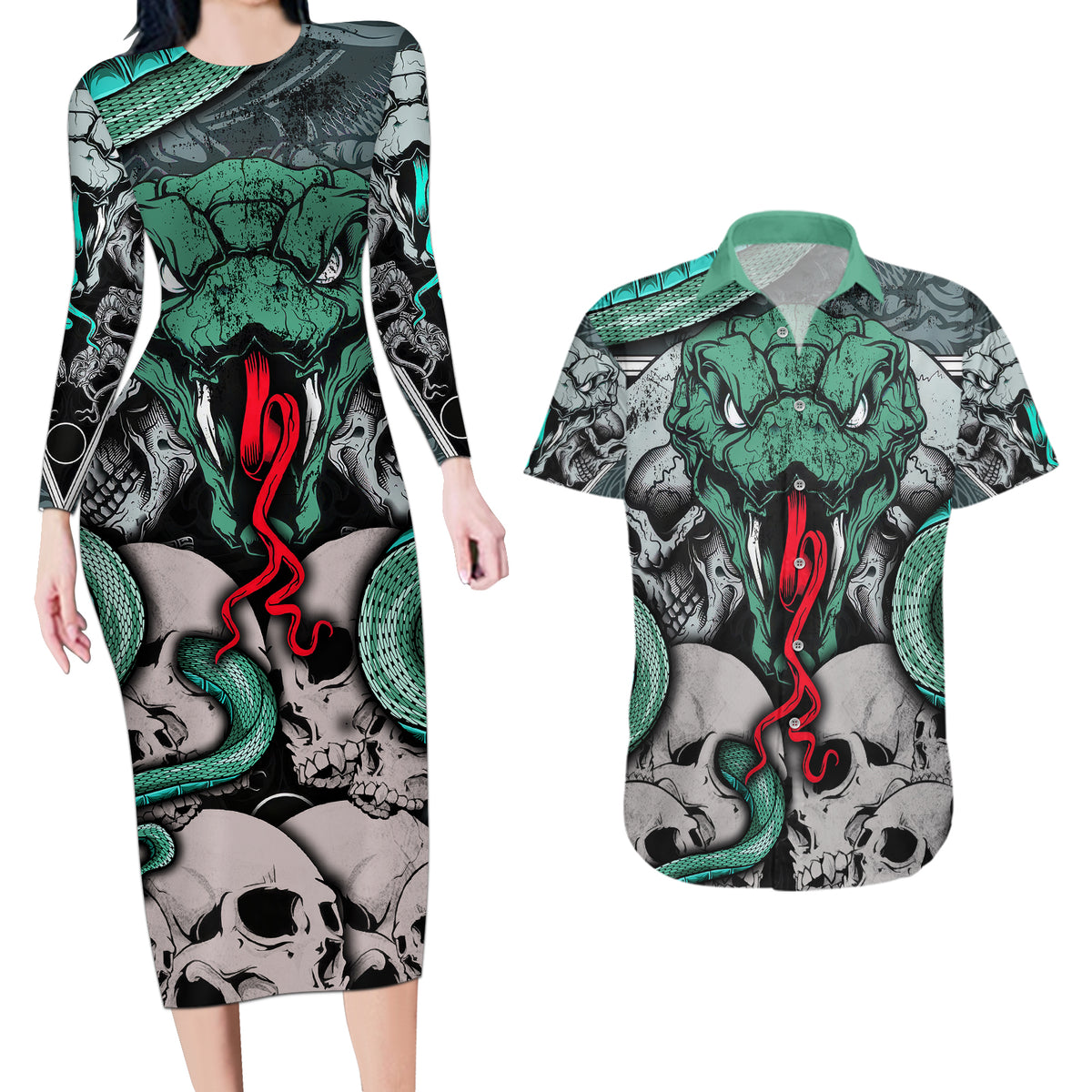 Infernal Trio Couples Matching Long Sleeve Bodycon Dress and Hawaiian Shirt Skull, Viper, and Sinister Snake - Wonder Print Shop