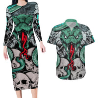 Infernal Trio Couples Matching Long Sleeve Bodycon Dress and Hawaiian Shirt Skull, Viper, and Sinister Snake - Wonder Print Shop