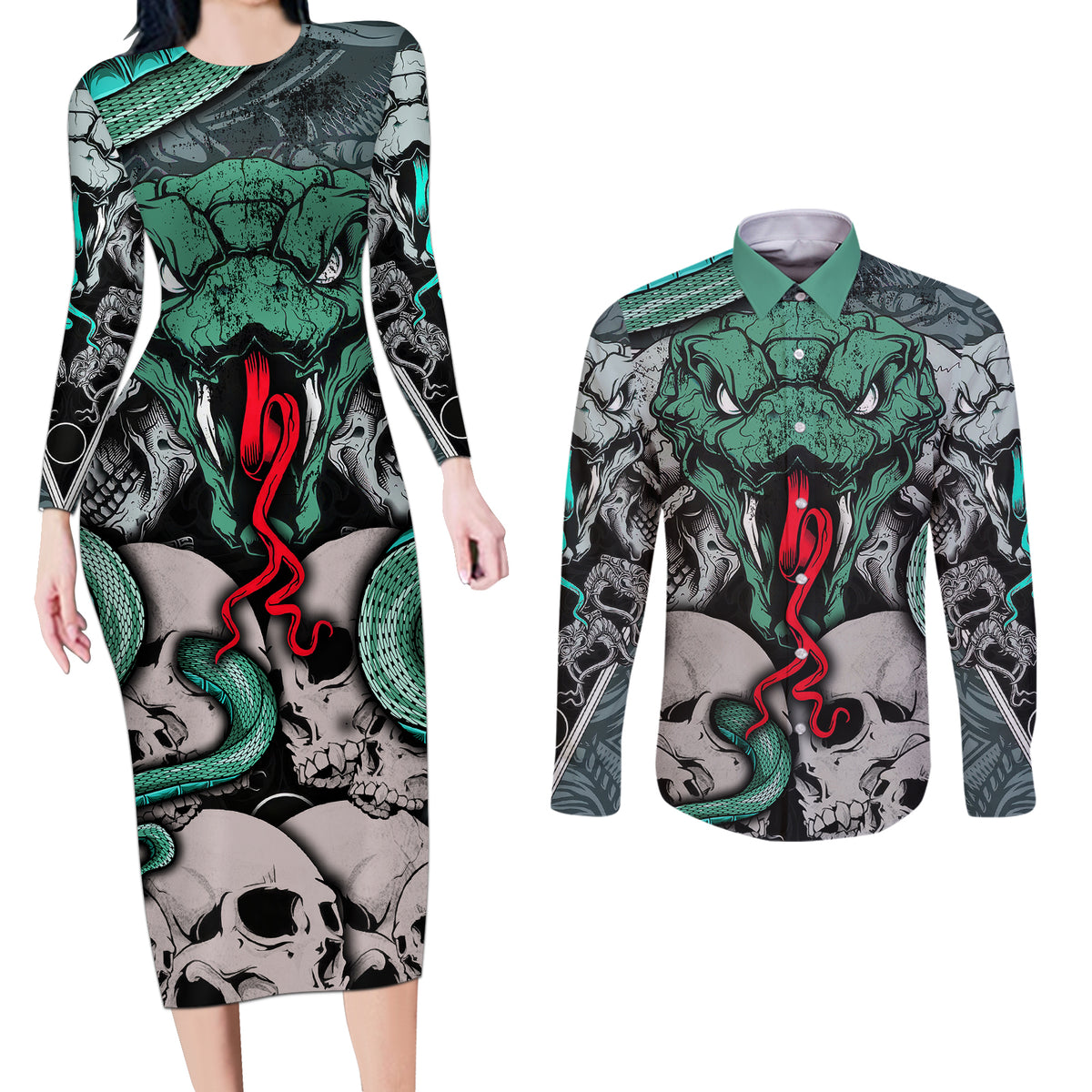 Infernal Trio Couples Matching Long Sleeve Bodycon Dress and Long Sleeve Button Shirts Skull, Viper, and Sinister Snake - Wonder Print Shop
