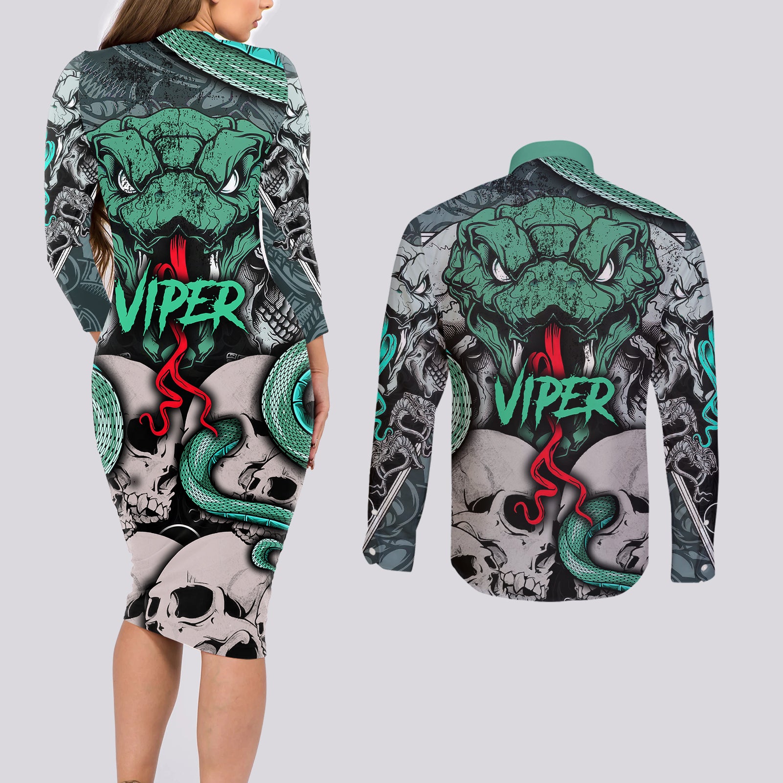 Infernal Trio Couples Matching Long Sleeve Bodycon Dress and Long Sleeve Button Shirts Skull, Viper, and Sinister Snake - Wonder Print Shop