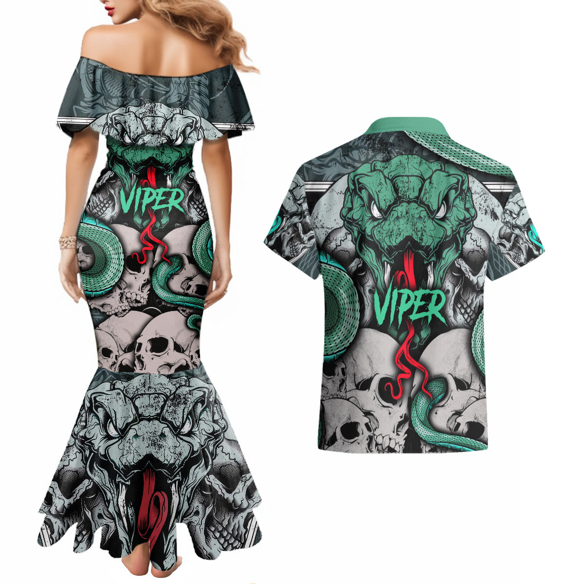 Infernal Trio Couples Matching Mermaid Dress and Hawaiian Shirt Skull, Viper, and Sinister Snake - Wonder Print Shop