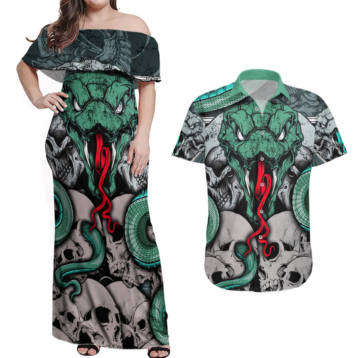 Infernal Trio Couples Matching Off Shoulder Maxi Dress and Hawaiian Shirt Skull, Viper, and Sinister Snake - Wonder Print Shop