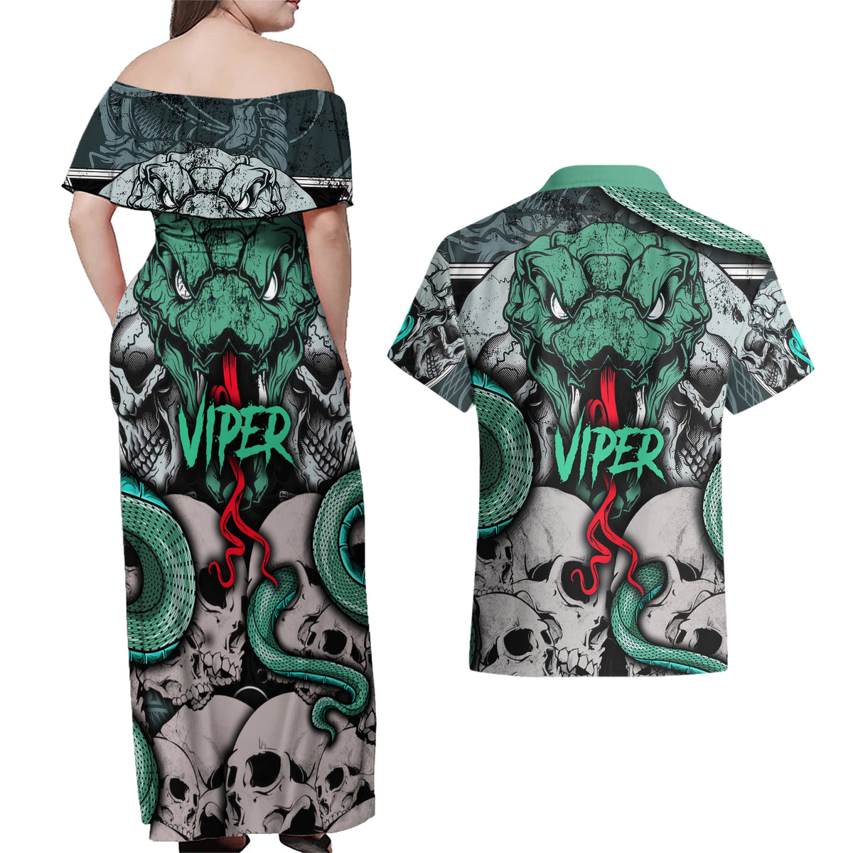 Infernal Trio Couples Matching Off Shoulder Maxi Dress and Hawaiian Shirt Skull, Viper, and Sinister Snake - Wonder Print Shop