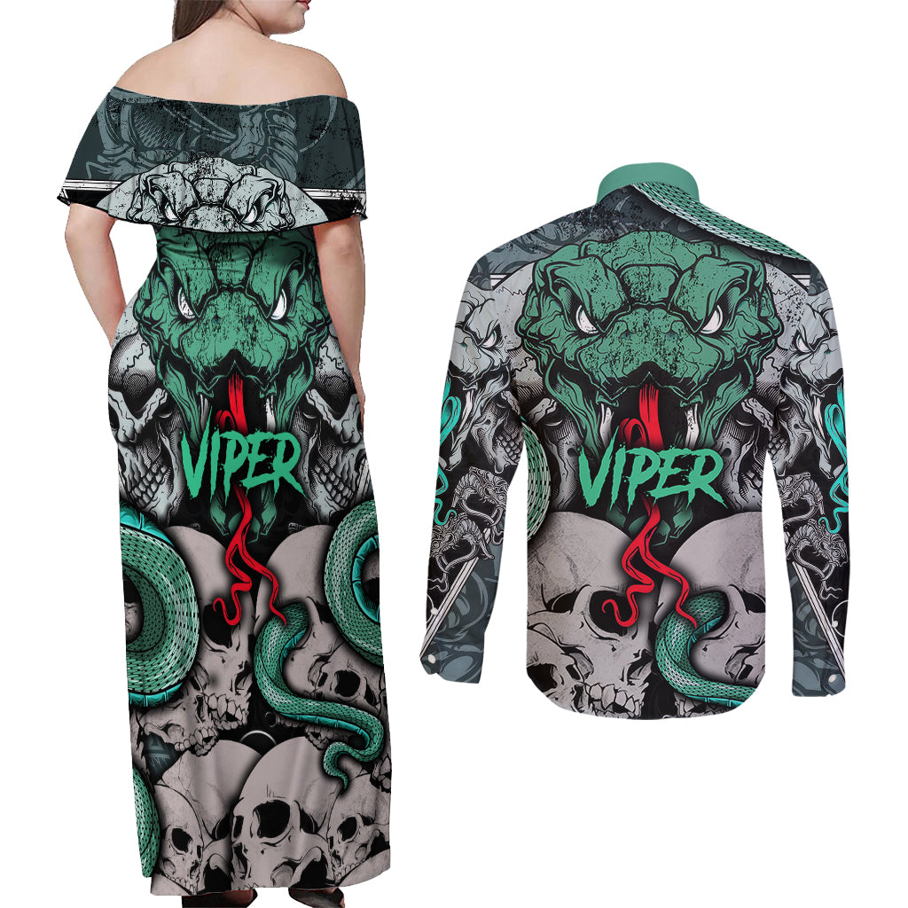 Infernal Trio Couples Matching Off Shoulder Maxi Dress and Long Sleeve Button Shirts Skull, Viper, and Sinister Snake - Wonder Print Shop