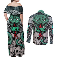 Infernal Trio Couples Matching Off Shoulder Maxi Dress and Long Sleeve Button Shirts Skull, Viper, and Sinister Snake - Wonder Print Shop