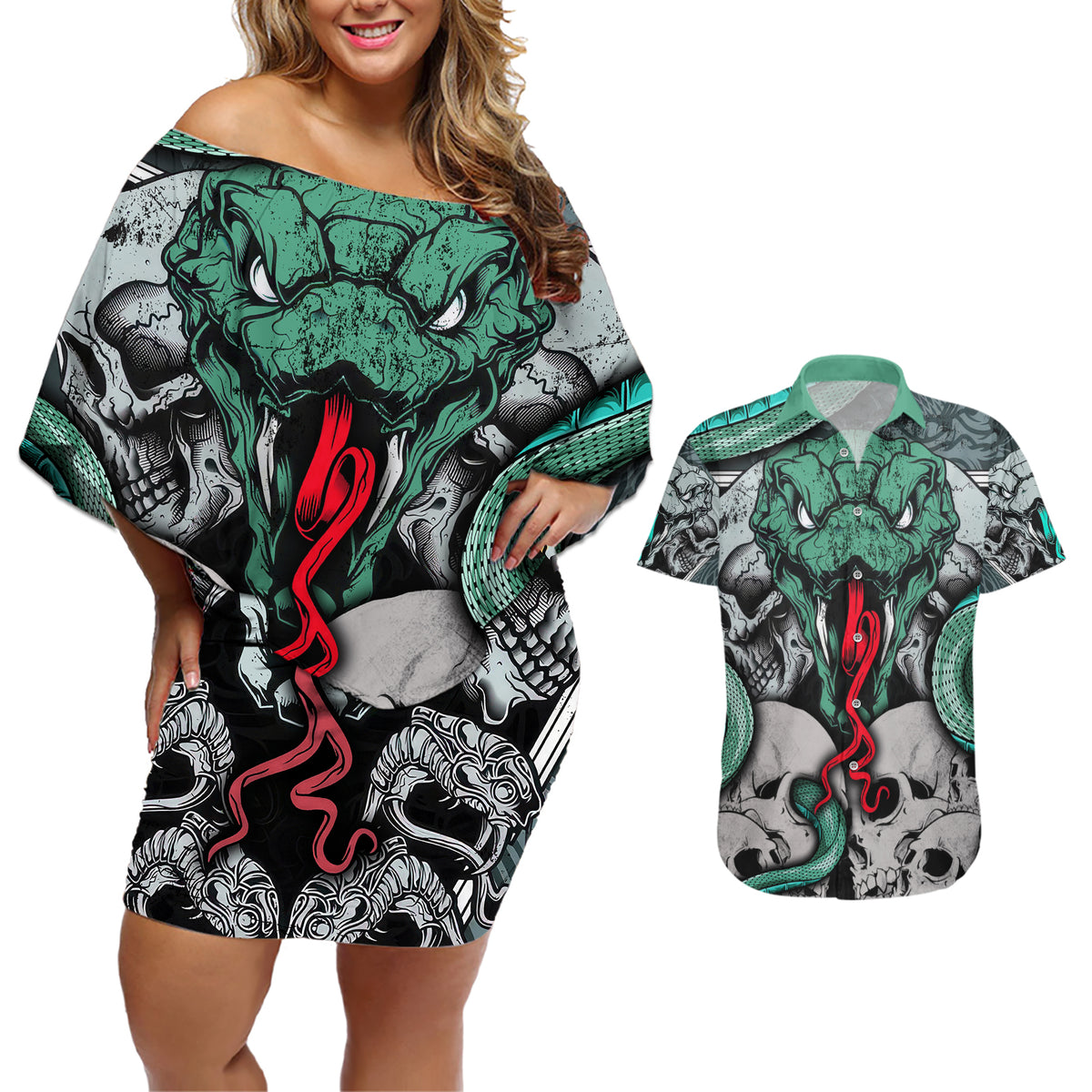 Infernal Trio Couples Matching Off Shoulder Short Dress and Hawaiian Shirt Skull, Viper, and Sinister Snake - Wonder Print Shop