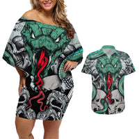 Infernal Trio Couples Matching Off Shoulder Short Dress and Hawaiian Shirt Skull, Viper, and Sinister Snake - Wonder Print Shop