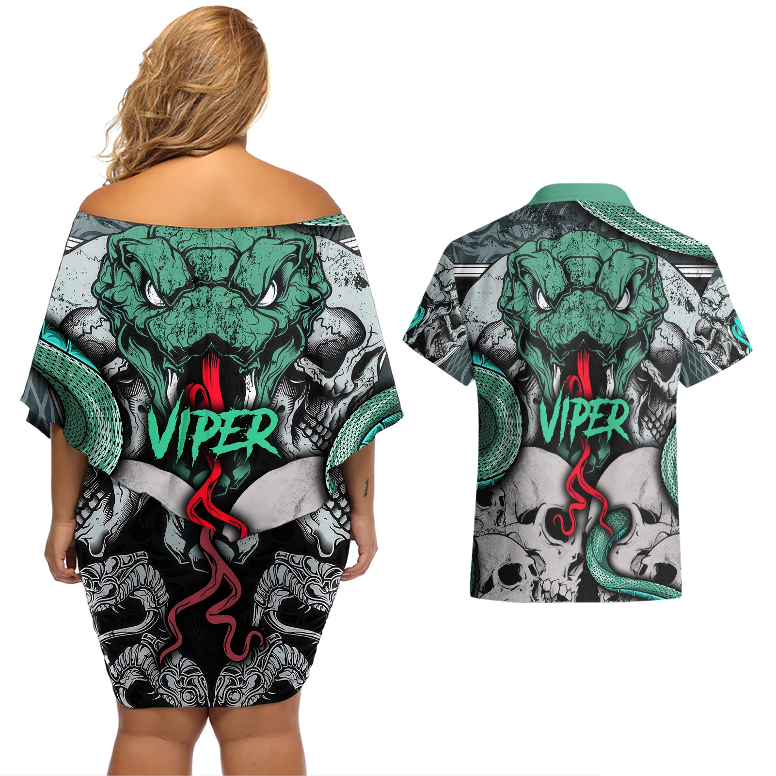 Infernal Trio Couples Matching Off Shoulder Short Dress and Hawaiian Shirt Skull, Viper, and Sinister Snake - Wonder Print Shop