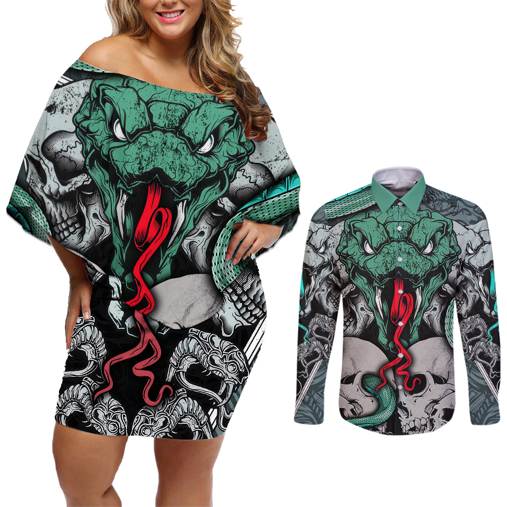 Infernal Trio Couples Matching Off Shoulder Short Dress and Long Sleeve Button Shirts Skull, Viper, and Sinister Snake - Wonder Print Shop