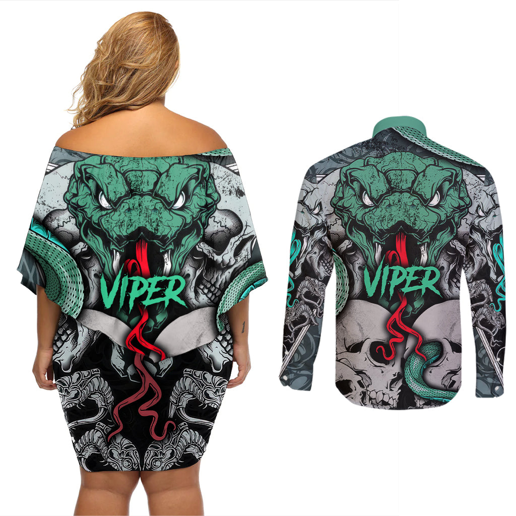 Infernal Trio Couples Matching Off Shoulder Short Dress and Long Sleeve Button Shirts Skull, Viper, and Sinister Snake - Wonder Print Shop