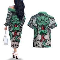 Infernal Trio Couples Matching Off The Shoulder Long Sleeve Dress and Hawaiian Shirt Skull, Viper, and Sinister Snake - Wonder Print Shop