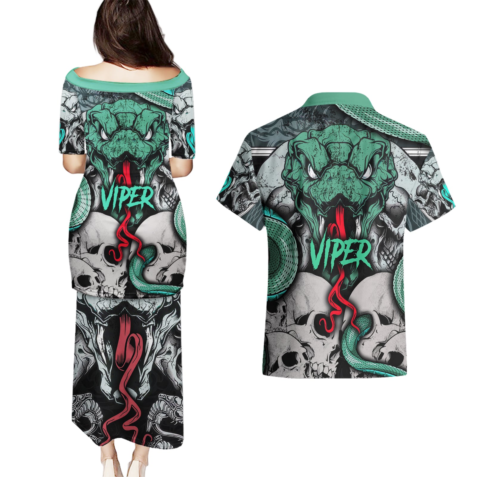 Infernal Trio Couples Matching Puletasi Dress and Hawaiian Shirt Skull, Viper, and Sinister Snake - Wonder Print Shop