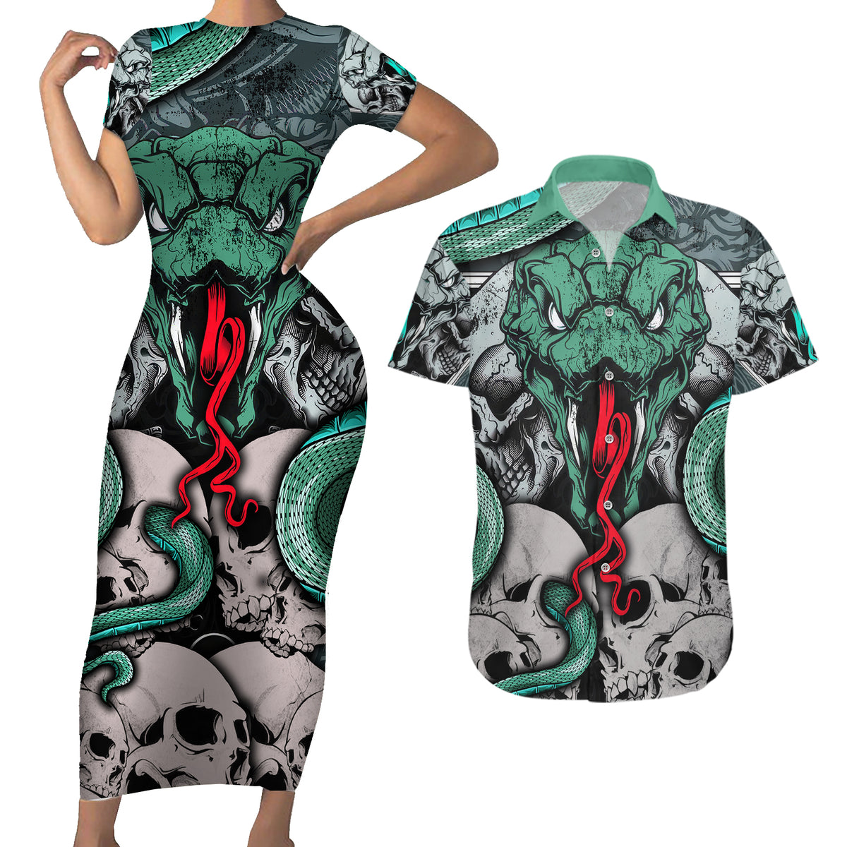 Infernal Trio Couples Matching Short Sleeve Bodycon Dress and Hawaiian Shirt Skull, Viper, and Sinister Snake - Wonder Print Shop