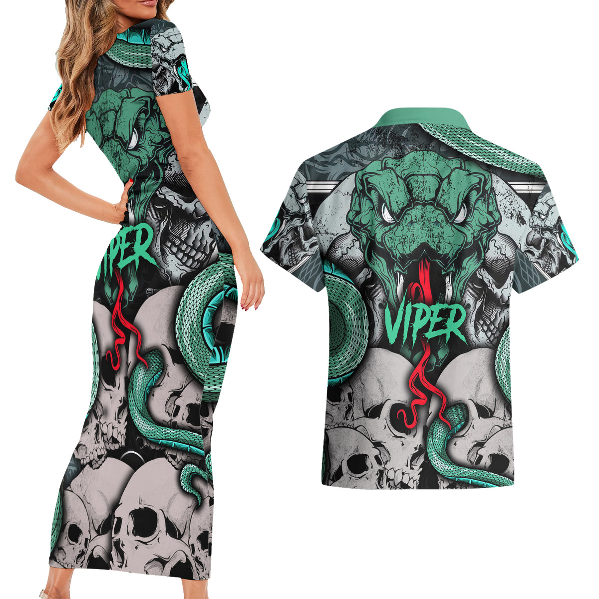 Infernal Trio Couples Matching Short Sleeve Bodycon Dress and Hawaiian Shirt Skull, Viper, and Sinister Snake - Wonder Print Shop