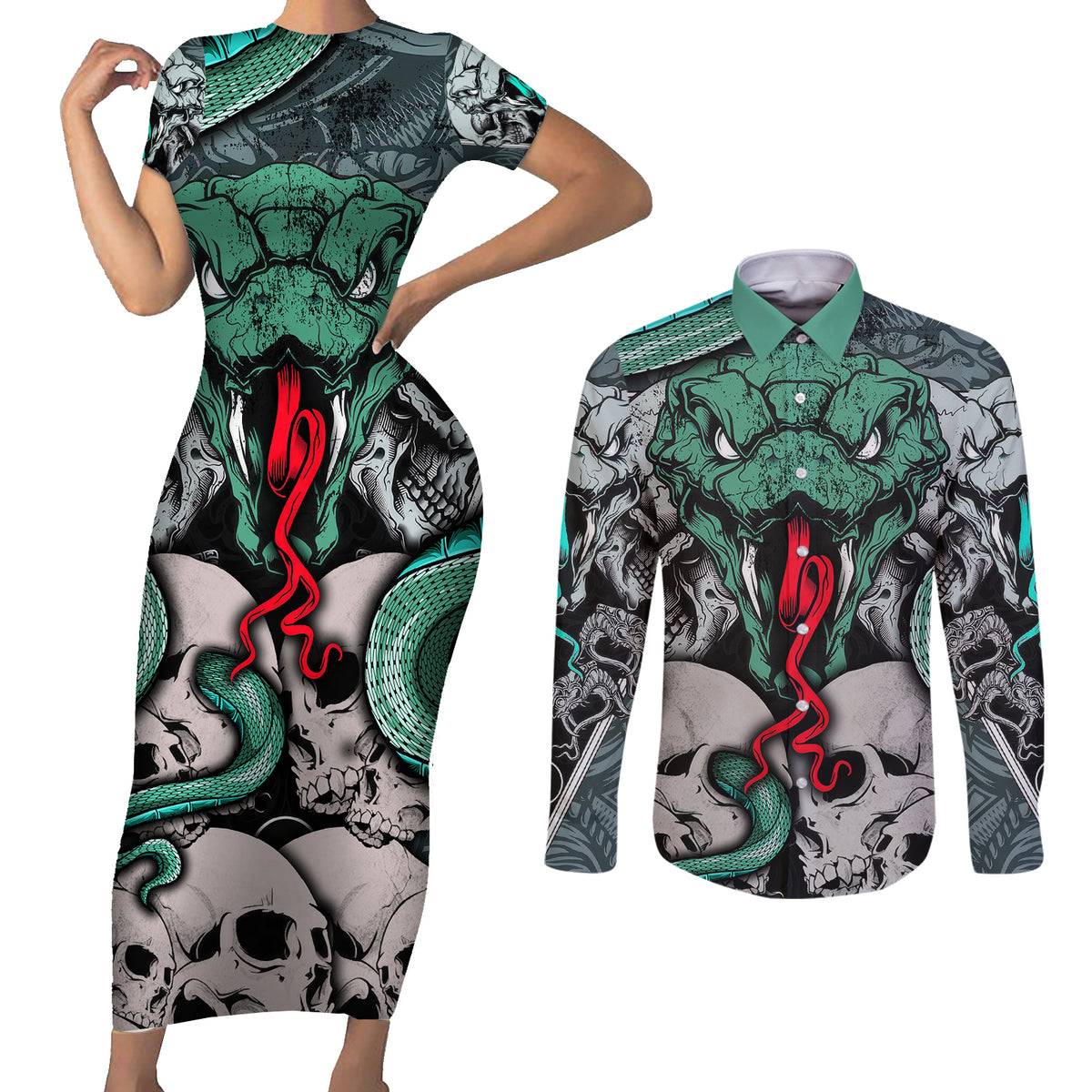 Infernal Trio Couples Matching Short Sleeve Bodycon Dress and Long Sleeve Button Shirts Skull, Viper, and Sinister Snake - Wonder Print Shop
