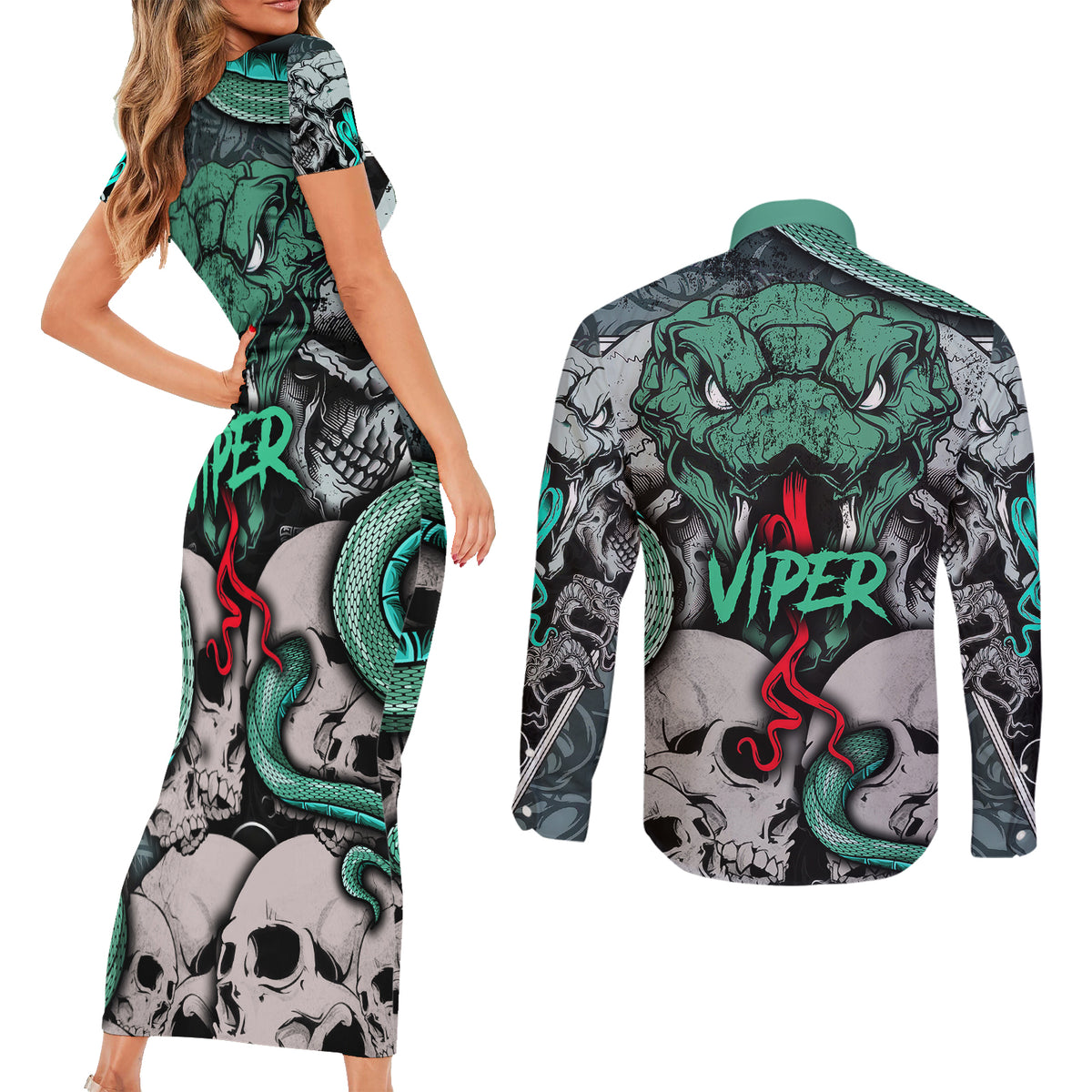 Infernal Trio Couples Matching Short Sleeve Bodycon Dress and Long Sleeve Button Shirts Skull, Viper, and Sinister Snake - Wonder Print Shop
