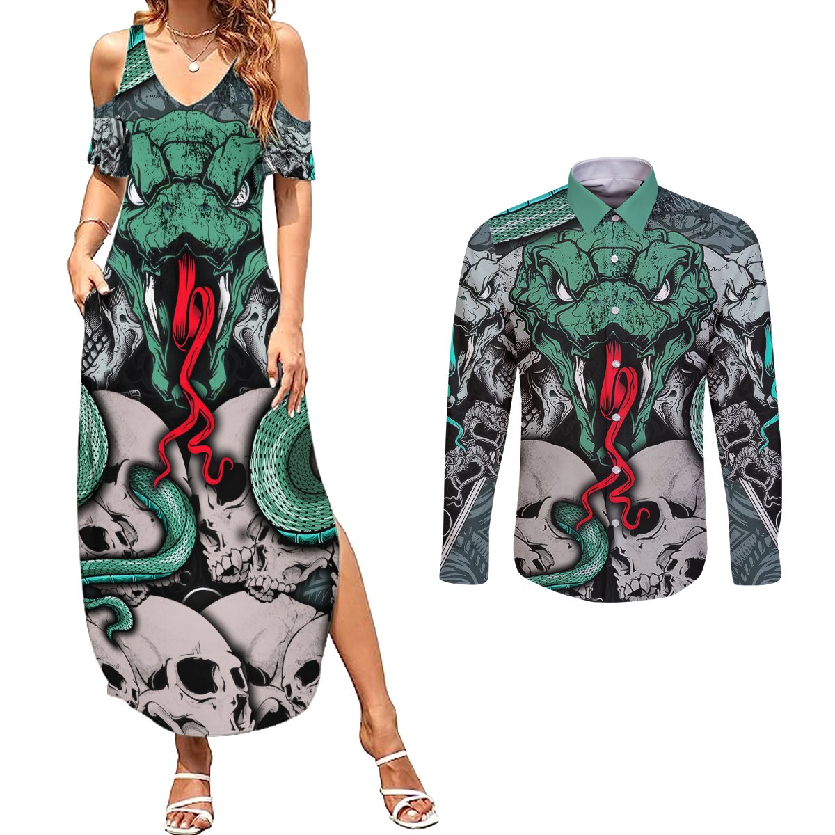 Infernal Trio Couples Matching Summer Maxi Dress and Long Sleeve Button Shirts Skull, Viper, and Sinister Snake - Wonder Print Shop