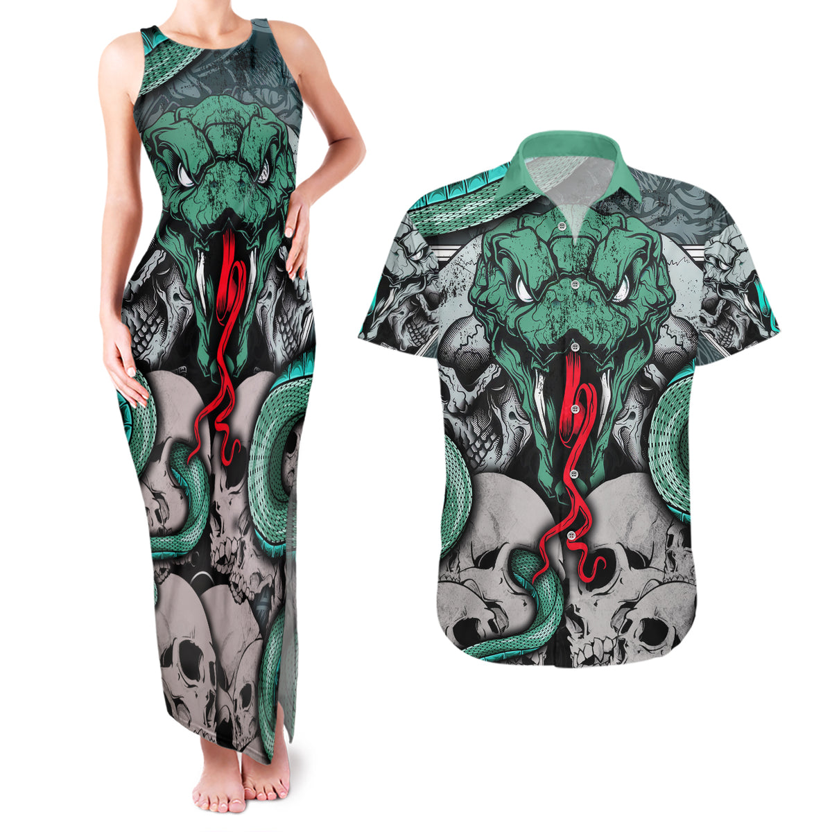 Infernal Trio Couples Matching Tank Maxi Dress and Hawaiian Shirt Skull, Viper, and Sinister Snake - Wonder Print Shop
