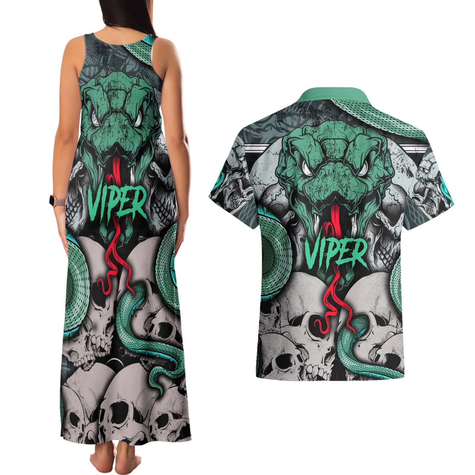Infernal Trio Couples Matching Tank Maxi Dress and Hawaiian Shirt Skull, Viper, and Sinister Snake - Wonder Print Shop