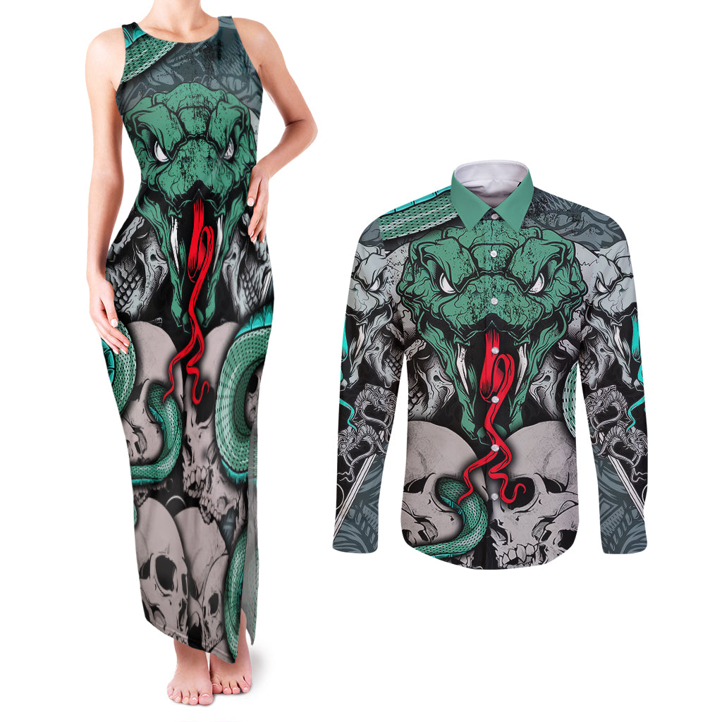 Infernal Trio Couples Matching Tank Maxi Dress and Long Sleeve Button Shirts Skull, Viper, and Sinister Snake - Wonder Print Shop