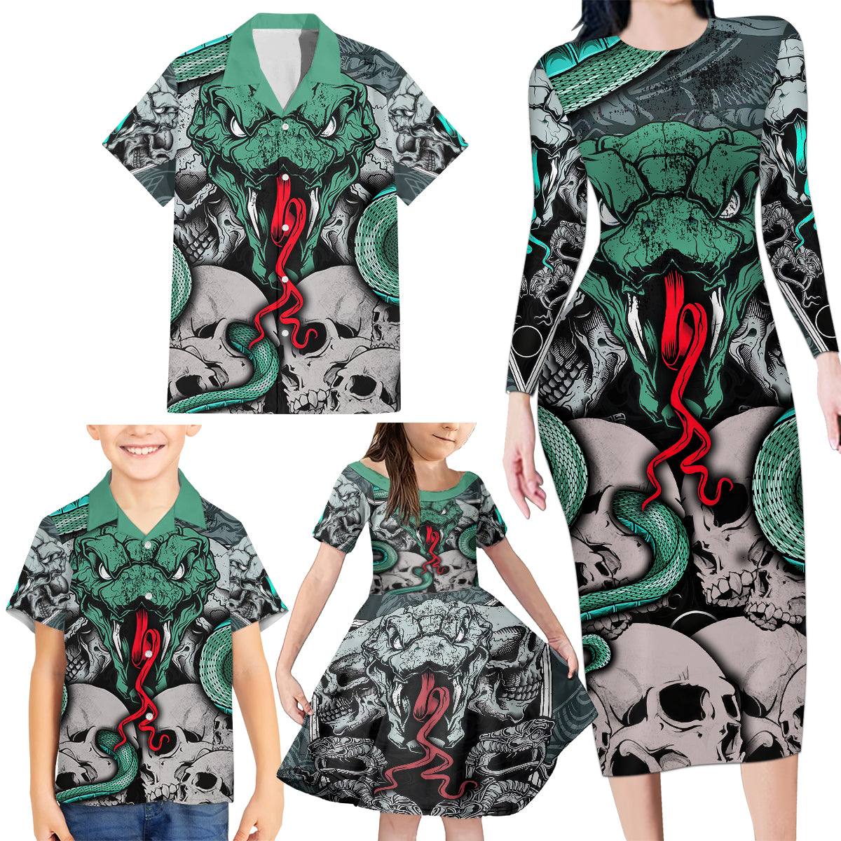 Infernal Trio Family Matching Long Sleeve Bodycon Dress and Hawaiian Shirt Skull, Viper, and Sinister Snake - Wonder Print Shop