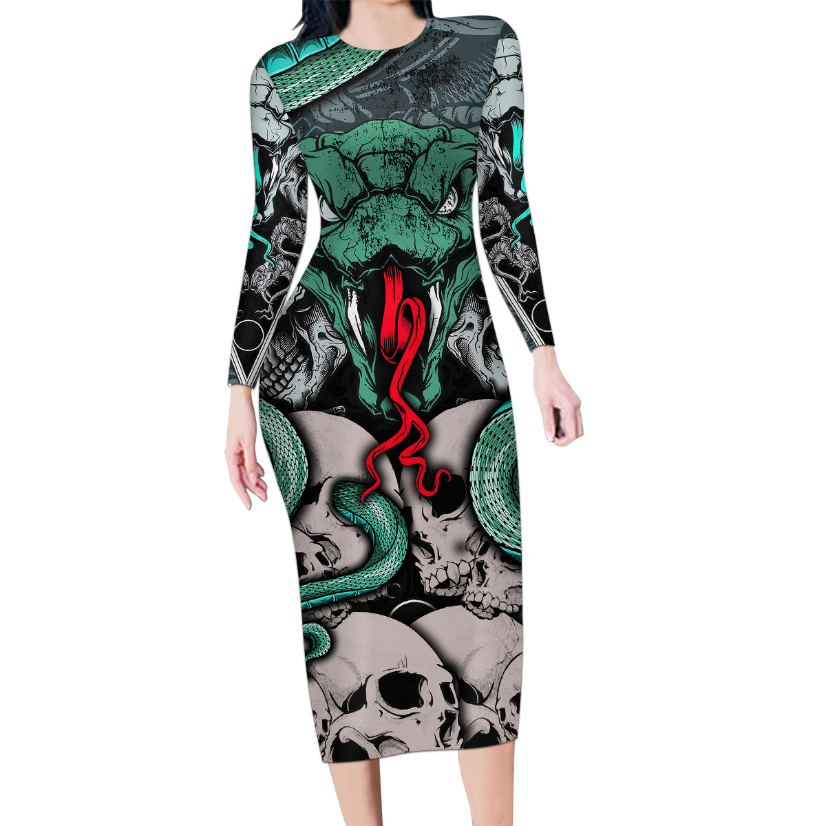Infernal Trio Family Matching Long Sleeve Bodycon Dress and Hawaiian Shirt Skull, Viper, and Sinister Snake - Wonder Print Shop
