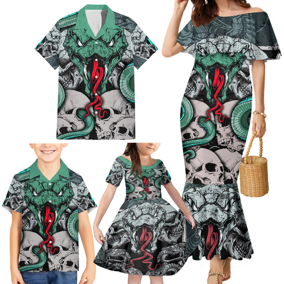 Infernal Trio Family Matching Mermaid Dress and Hawaiian Shirt Skull, Viper, and Sinister Snake - Wonder Print Shop