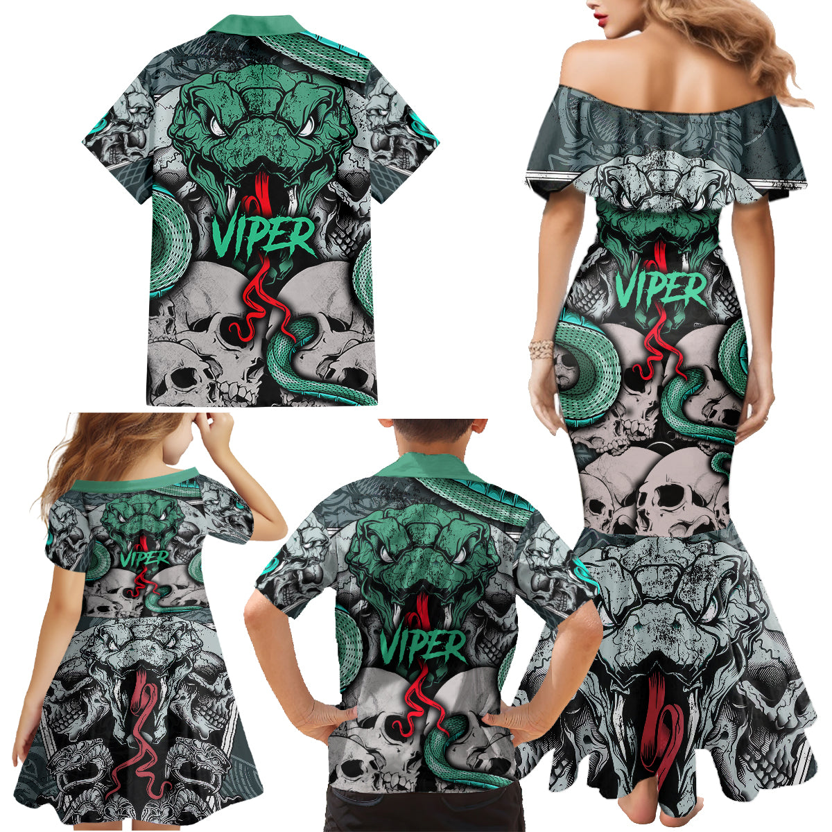 Infernal Trio Family Matching Mermaid Dress and Hawaiian Shirt Skull, Viper, and Sinister Snake - Wonder Print Shop