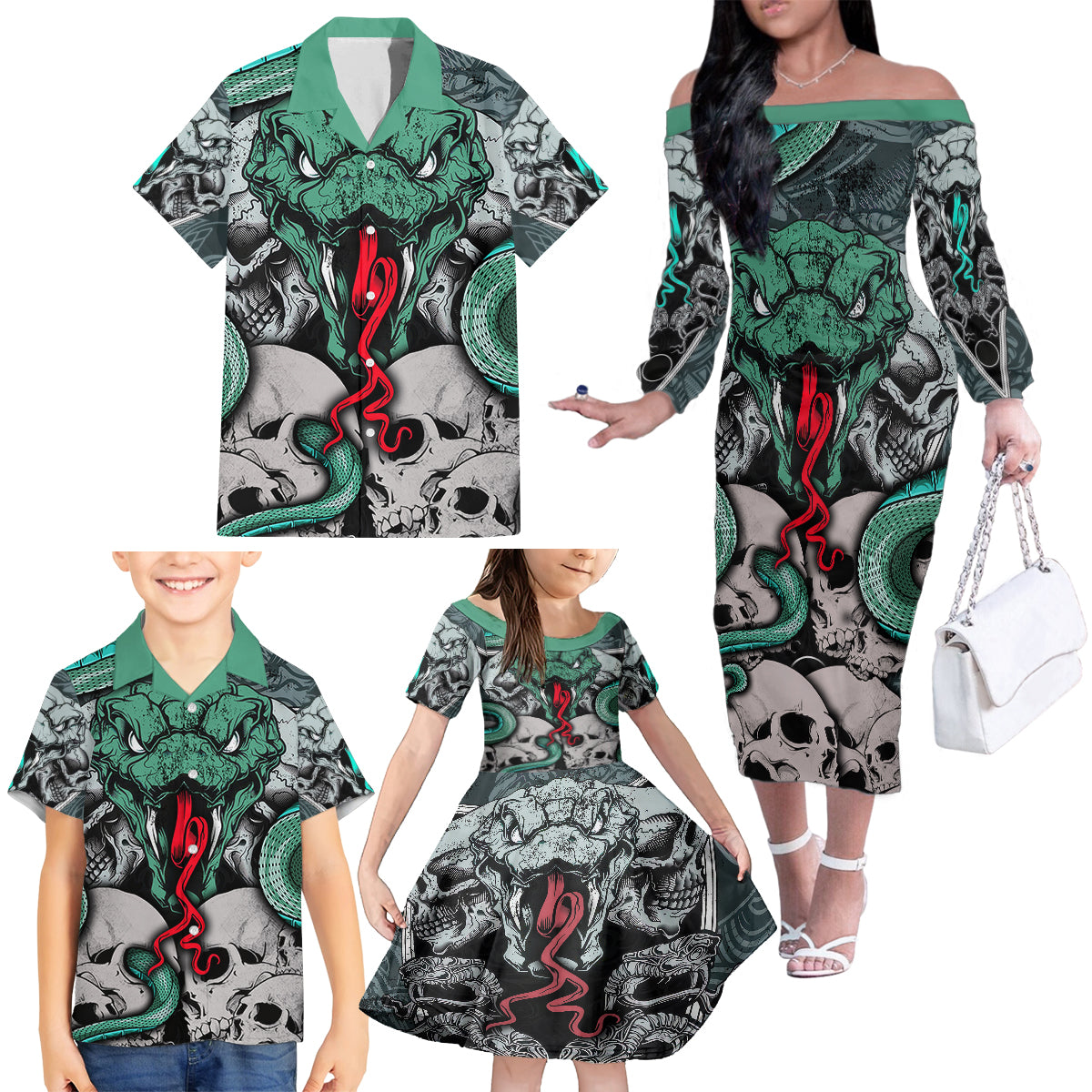 Infernal Trio Family Matching Off Shoulder Long Sleeve Dress and Hawaiian Shirt Skull, Viper, and Sinister Snake - Wonder Print Shop