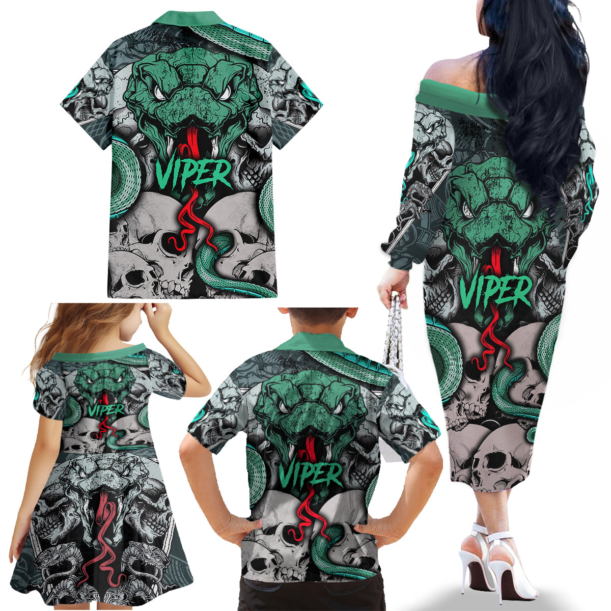 Infernal Trio Family Matching Off Shoulder Long Sleeve Dress and Hawaiian Shirt Skull, Viper, and Sinister Snake - Wonder Print Shop