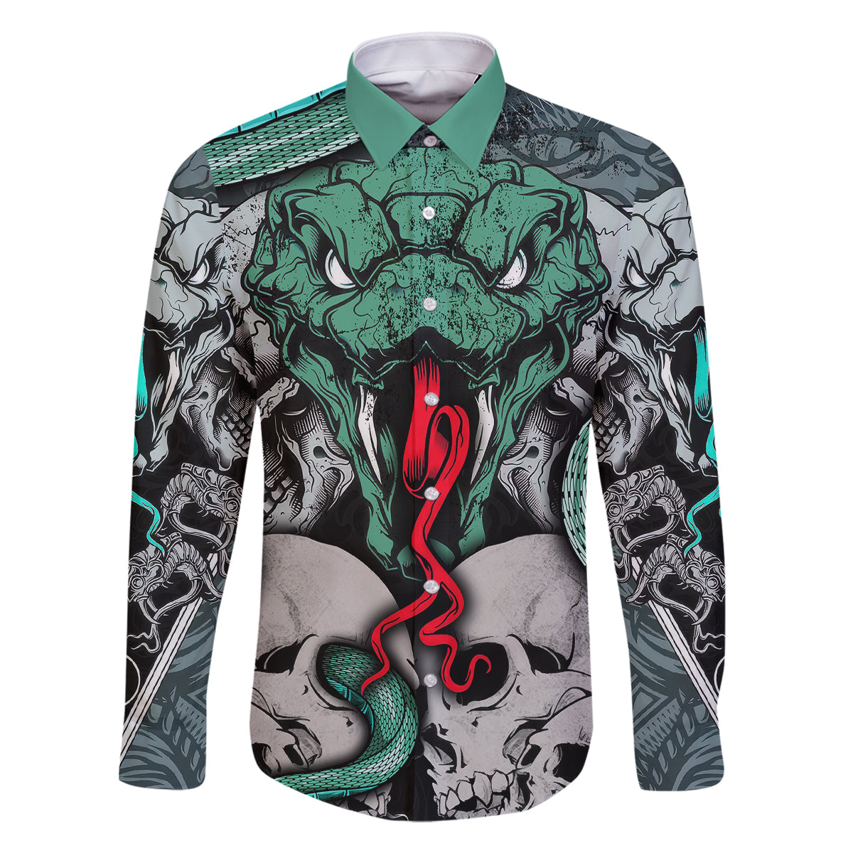 Infernal Trio Family Matching Off Shoulder Long Sleeve Dress and Hawaiian Shirt Skull, Viper, and Sinister Snake - Wonder Print Shop