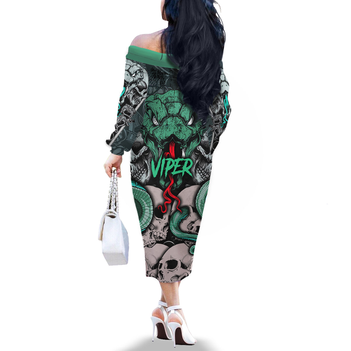 Infernal Trio Family Matching Off Shoulder Long Sleeve Dress and Hawaiian Shirt Skull, Viper, and Sinister Snake - Wonder Print Shop