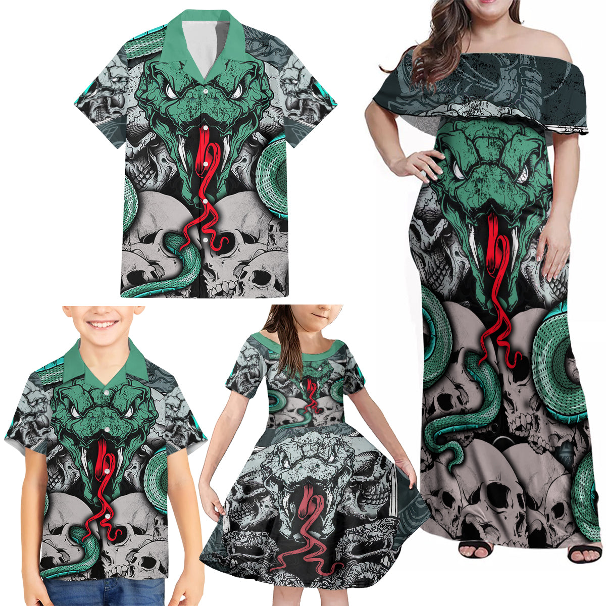 Infernal Trio Family Matching Off Shoulder Maxi Dress and Hawaiian Shirt Skull, Viper, and Sinister Snake - Wonder Print Shop