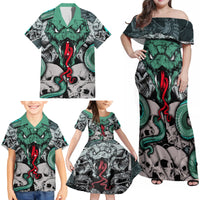 Infernal Trio Family Matching Off Shoulder Maxi Dress and Hawaiian Shirt Skull, Viper, and Sinister Snake - Wonder Print Shop