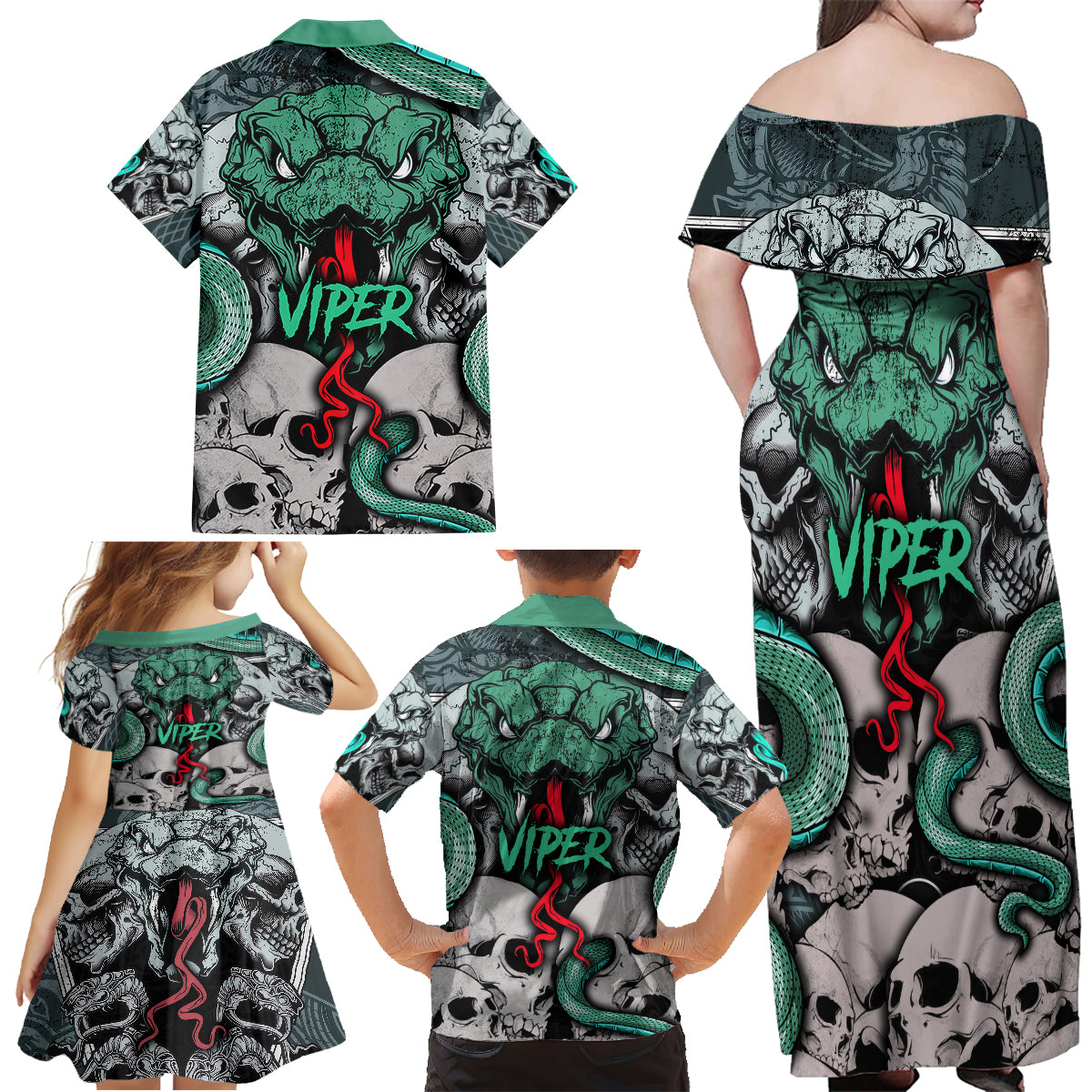 Infernal Trio Family Matching Off Shoulder Maxi Dress and Hawaiian Shirt Skull, Viper, and Sinister Snake - Wonder Print Shop