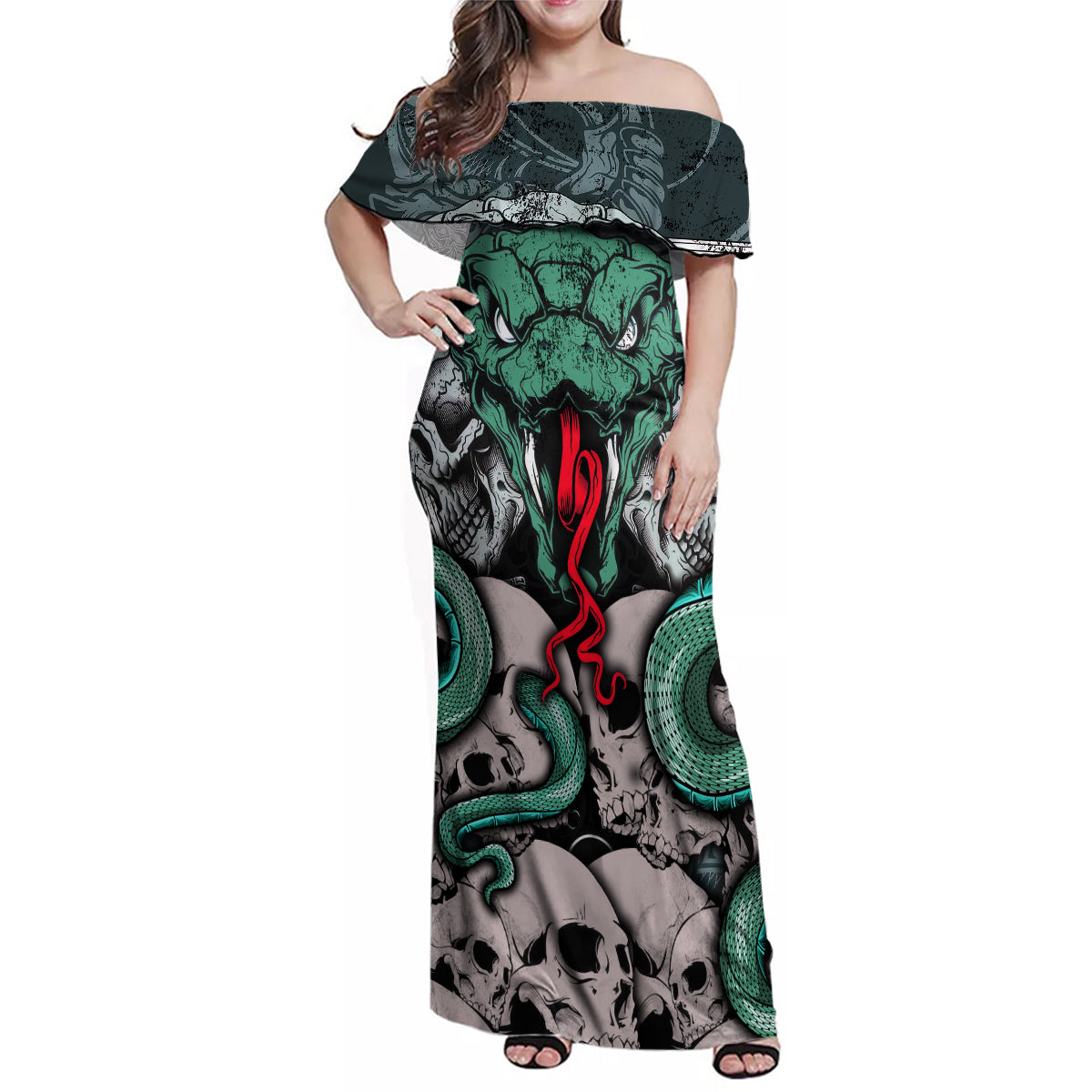 Infernal Trio Family Matching Off Shoulder Maxi Dress and Hawaiian Shirt Skull, Viper, and Sinister Snake - Wonder Print Shop