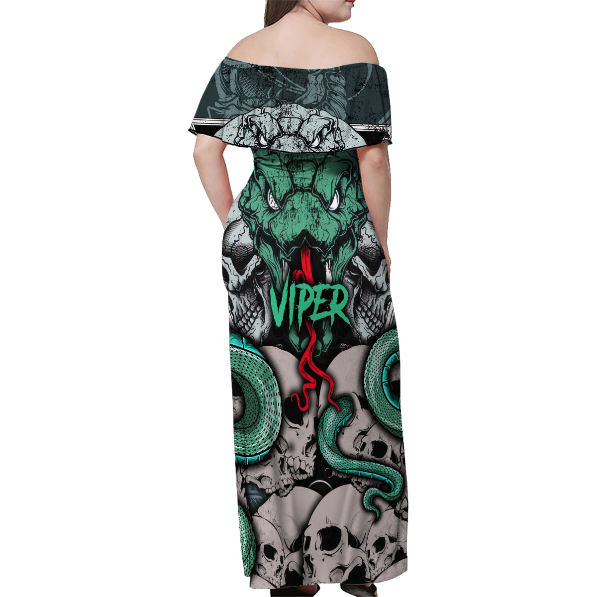 Infernal Trio Family Matching Off Shoulder Maxi Dress and Hawaiian Shirt Skull, Viper, and Sinister Snake - Wonder Print Shop