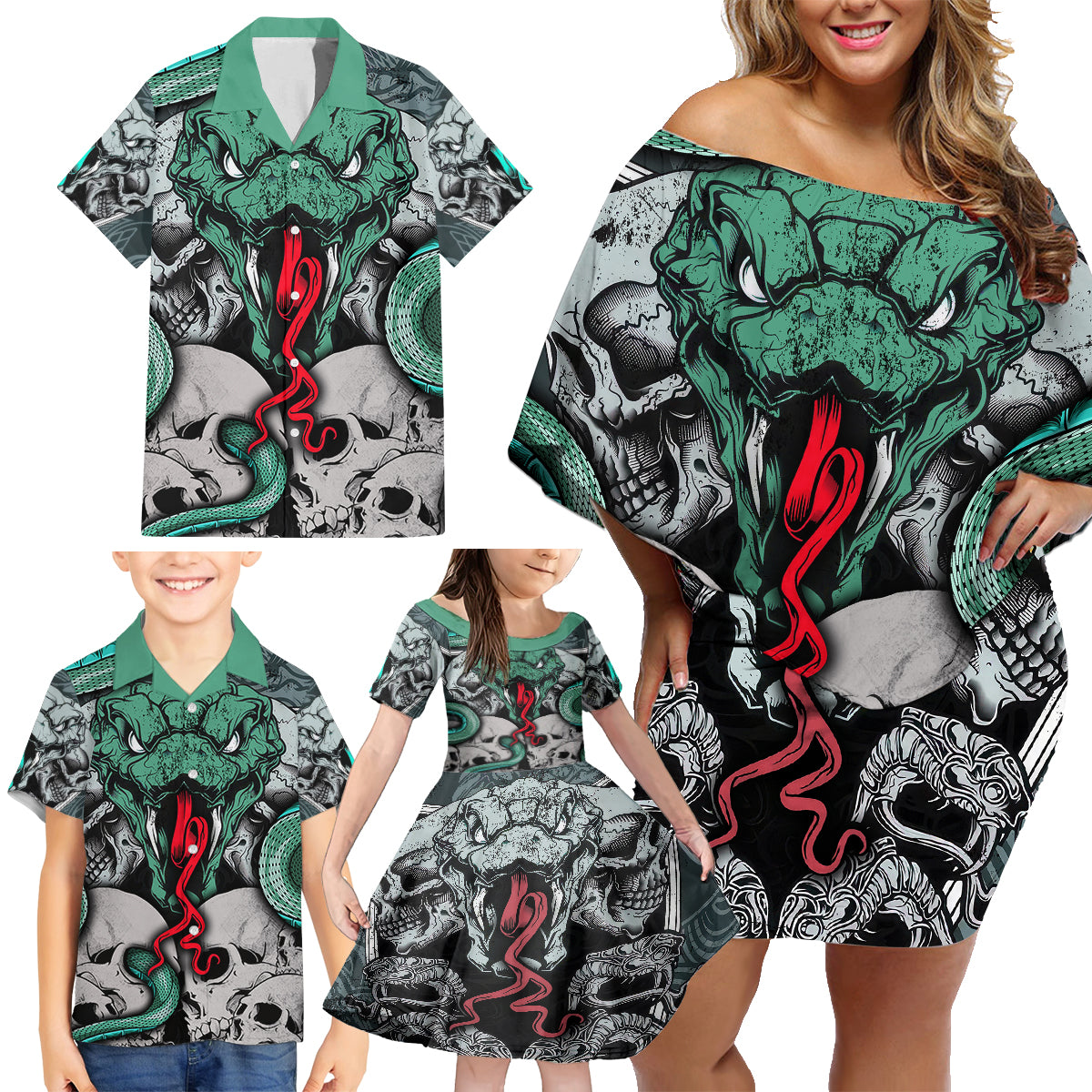 Infernal Trio Family Matching Off Shoulder Short Dress and Hawaiian Shirt Skull, Viper, and Sinister Snake - Wonder Print Shop