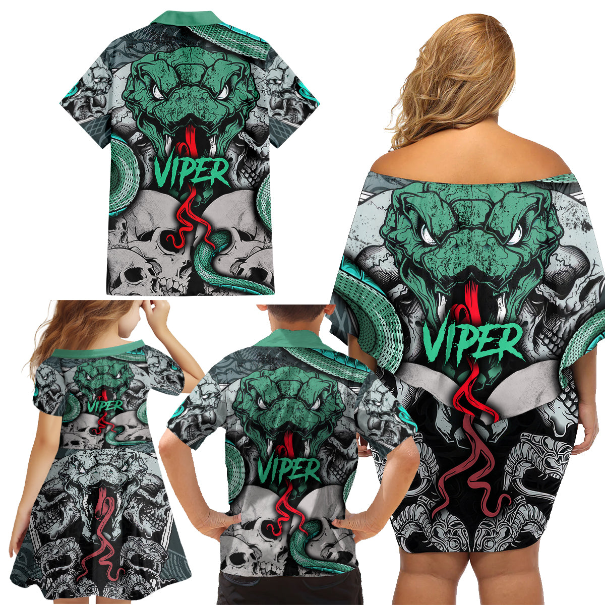 Infernal Trio Family Matching Off Shoulder Short Dress and Hawaiian Shirt Skull, Viper, and Sinister Snake - Wonder Print Shop