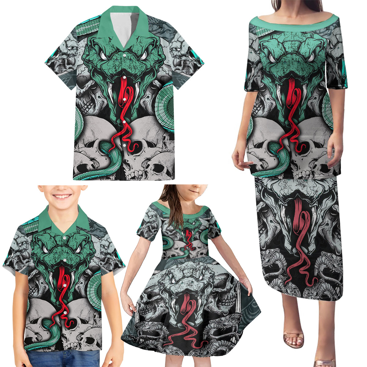 Infernal Trio Family Matching Puletasi Dress and Hawaiian Shirt Skull, Viper, and Sinister Snake - Wonder Print Shop
