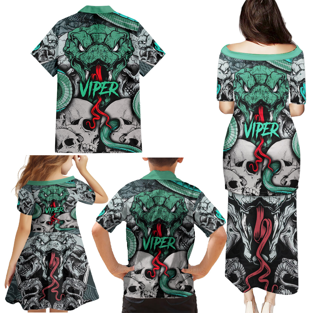 Infernal Trio Family Matching Puletasi Dress and Hawaiian Shirt Skull, Viper, and Sinister Snake - Wonder Print Shop