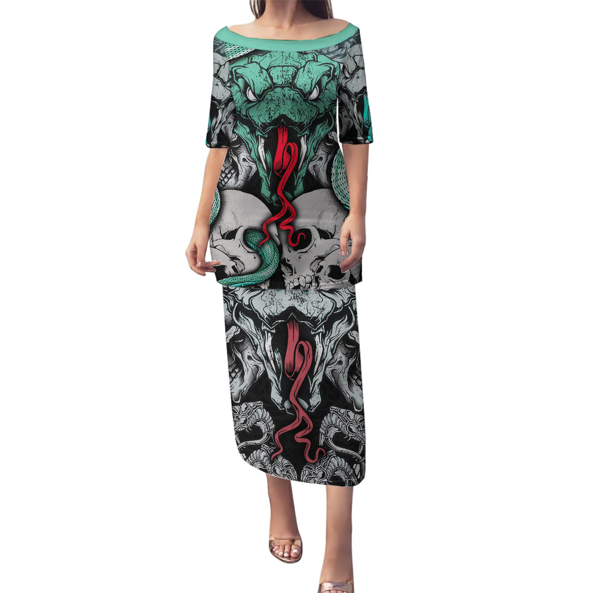 Infernal Trio Family Matching Puletasi Dress and Hawaiian Shirt Skull, Viper, and Sinister Snake - Wonder Print Shop