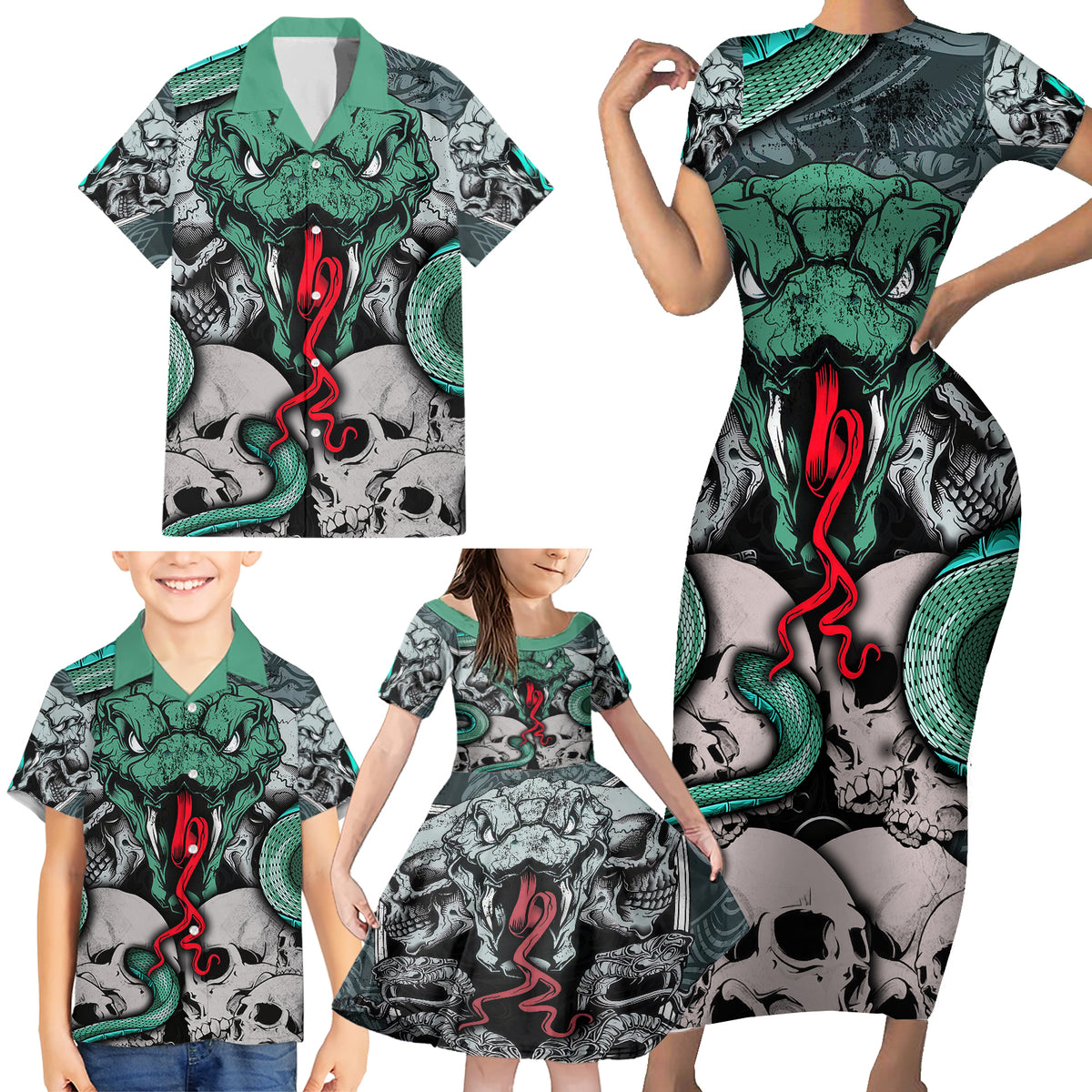 Infernal Trio Family Matching Short Sleeve Bodycon Dress and Hawaiian Shirt Skull, Viper, and Sinister Snake - Wonder Print Shop