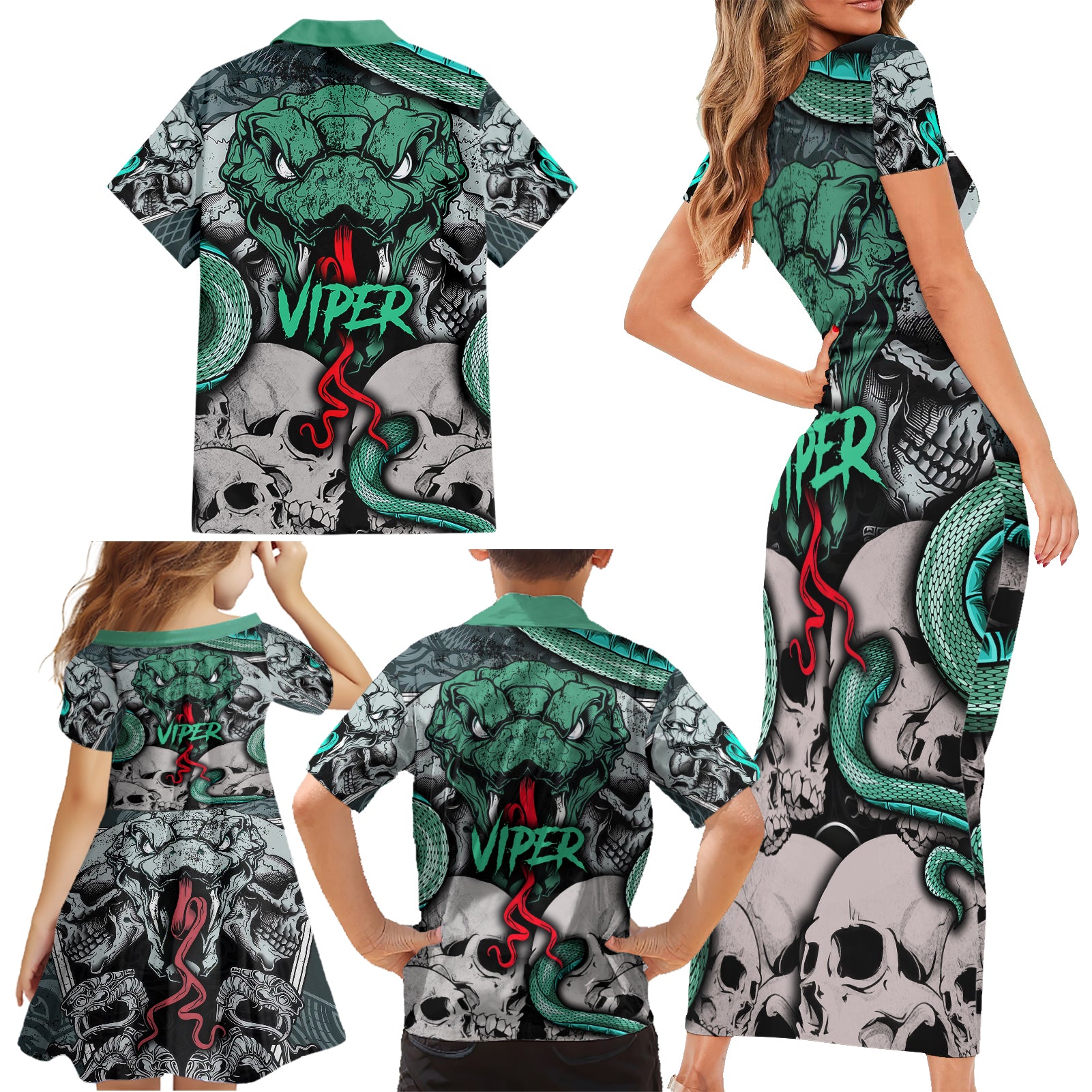 Infernal Trio Family Matching Short Sleeve Bodycon Dress and Hawaiian Shirt Skull, Viper, and Sinister Snake - Wonder Print Shop