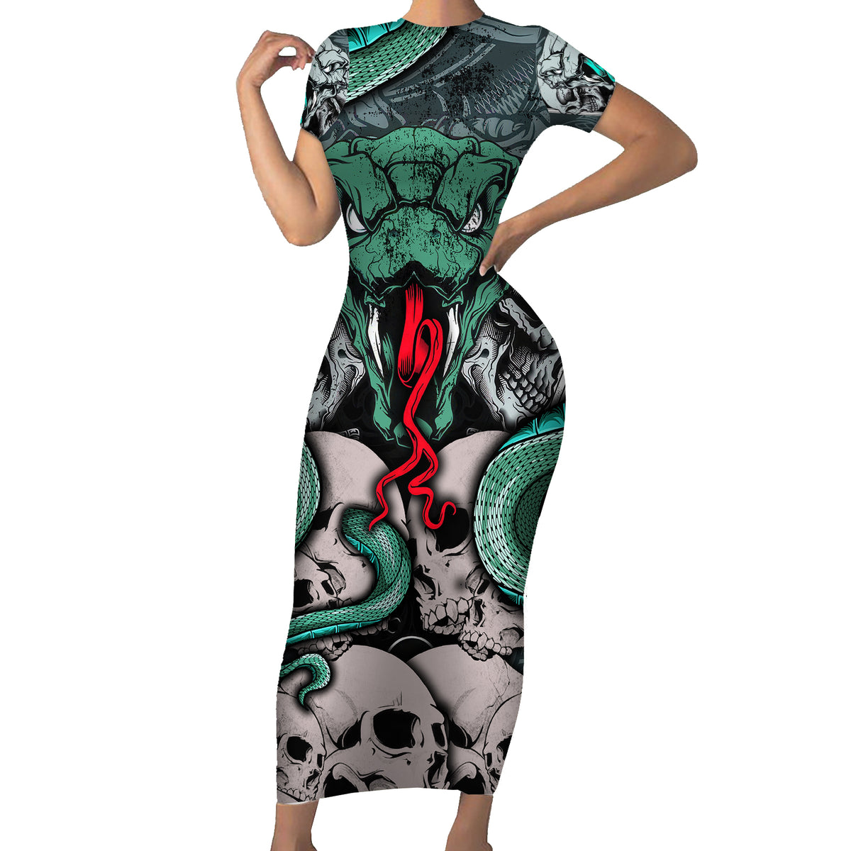 Infernal Trio Family Matching Short Sleeve Bodycon Dress and Hawaiian Shirt Skull, Viper, and Sinister Snake - Wonder Print Shop