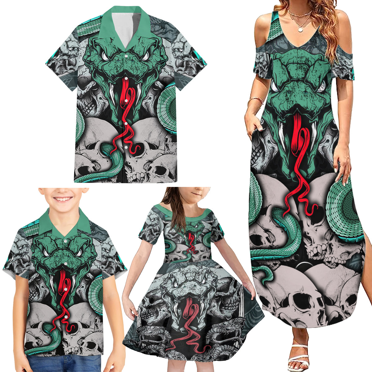 Infernal Trio Family Matching Summer Maxi Dress and Hawaiian Shirt Skull, Viper, and Sinister Snake - Wonder Print Shop