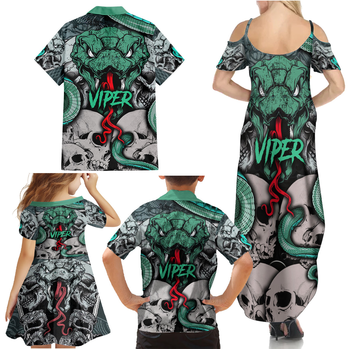 Infernal Trio Family Matching Summer Maxi Dress and Hawaiian Shirt Skull, Viper, and Sinister Snake - Wonder Print Shop