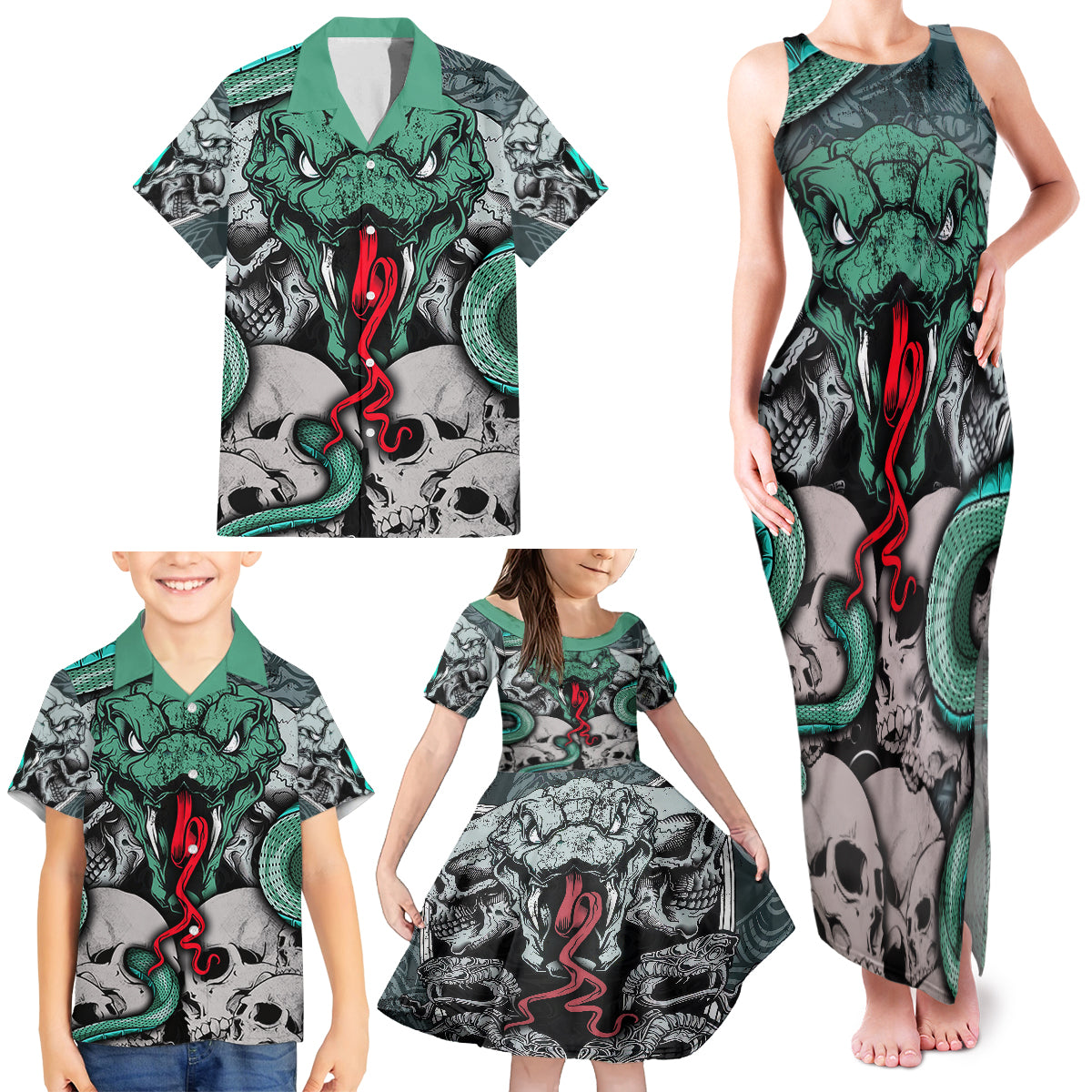 Infernal Trio Family Matching Tank Maxi Dress and Hawaiian Shirt Skull, Viper, and Sinister Snake - Wonder Print Shop