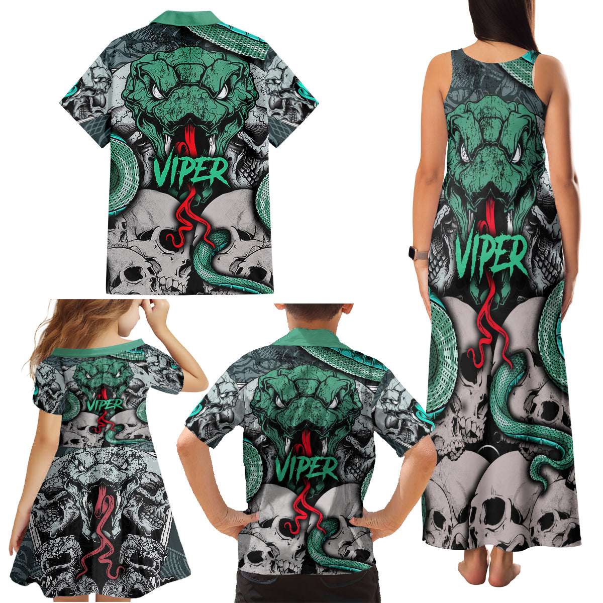 Infernal Trio Family Matching Tank Maxi Dress and Hawaiian Shirt Skull, Viper, and Sinister Snake - Wonder Print Shop