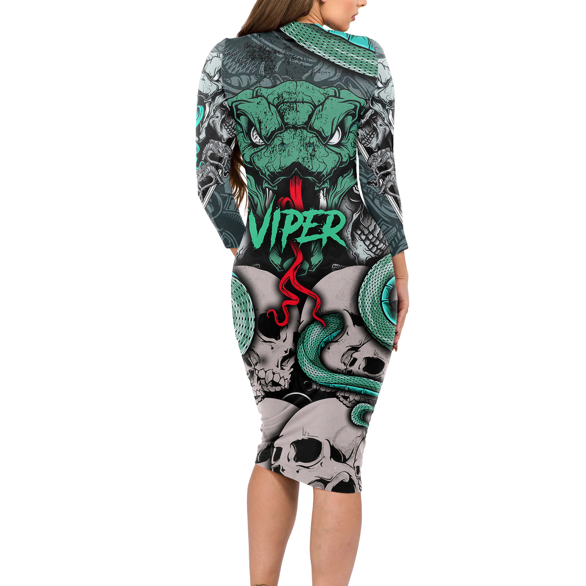 Infernal Trio Long Sleeve Bodycon Dress Skull, Viper, and Sinister Snake - Wonder Print Shop